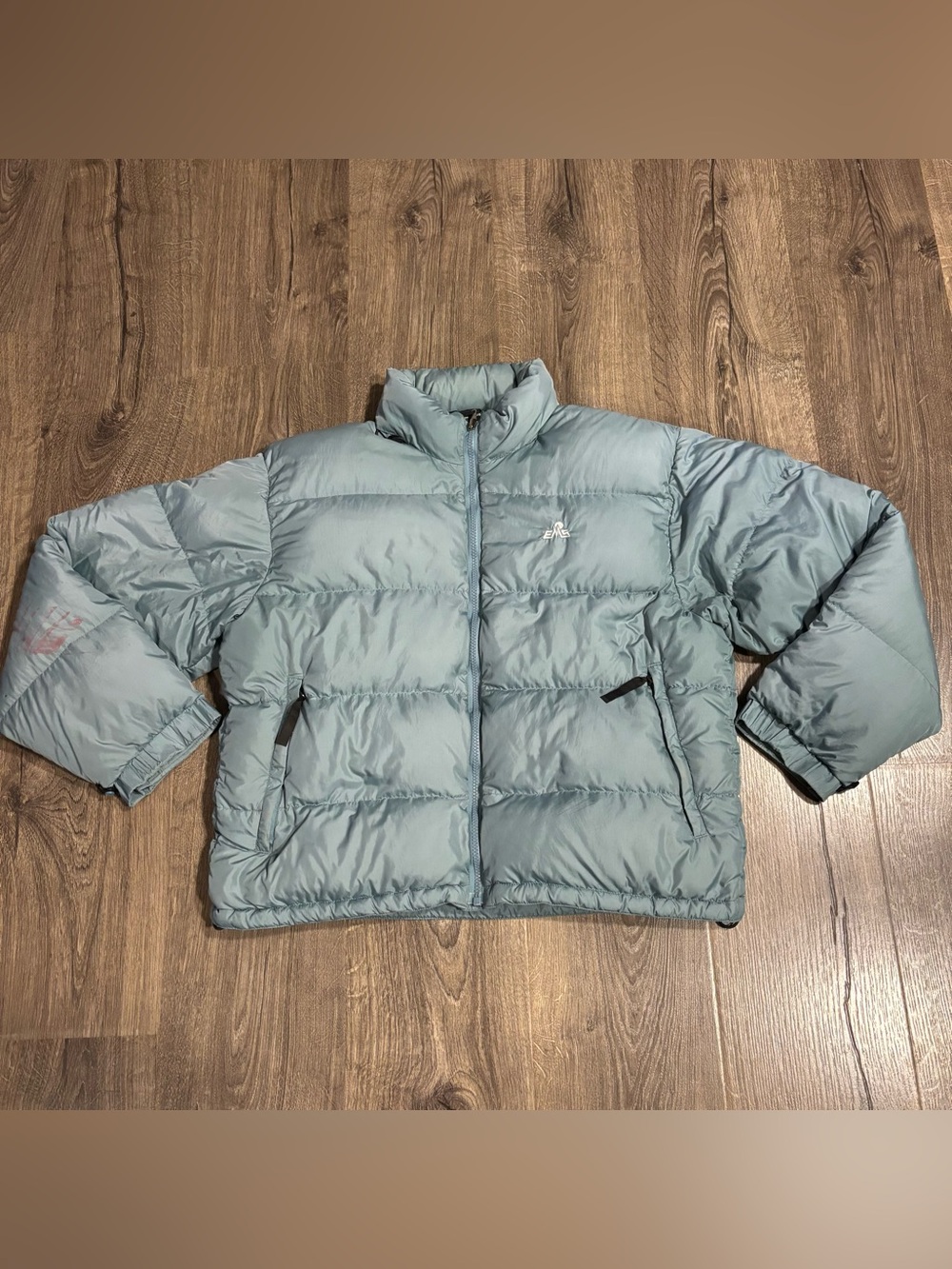 Vintage EMS 100% Goose Down Puffer Coat Light Teal Womens Large w/ Hood (ISSUE)